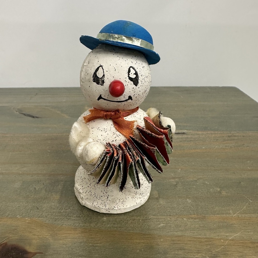 VTG Putz Mica Spun Cotton Blue Hat Snowman Musician Christmas Japan Paper Mache